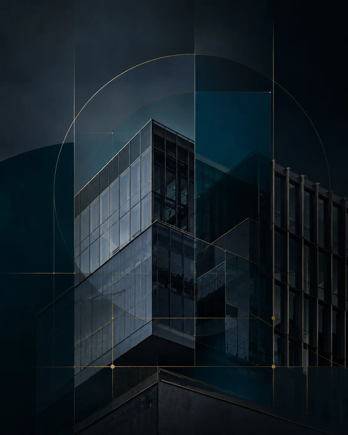 Structură contemporană de sticlă din București suprapusă cu o grilă geometrică aurie