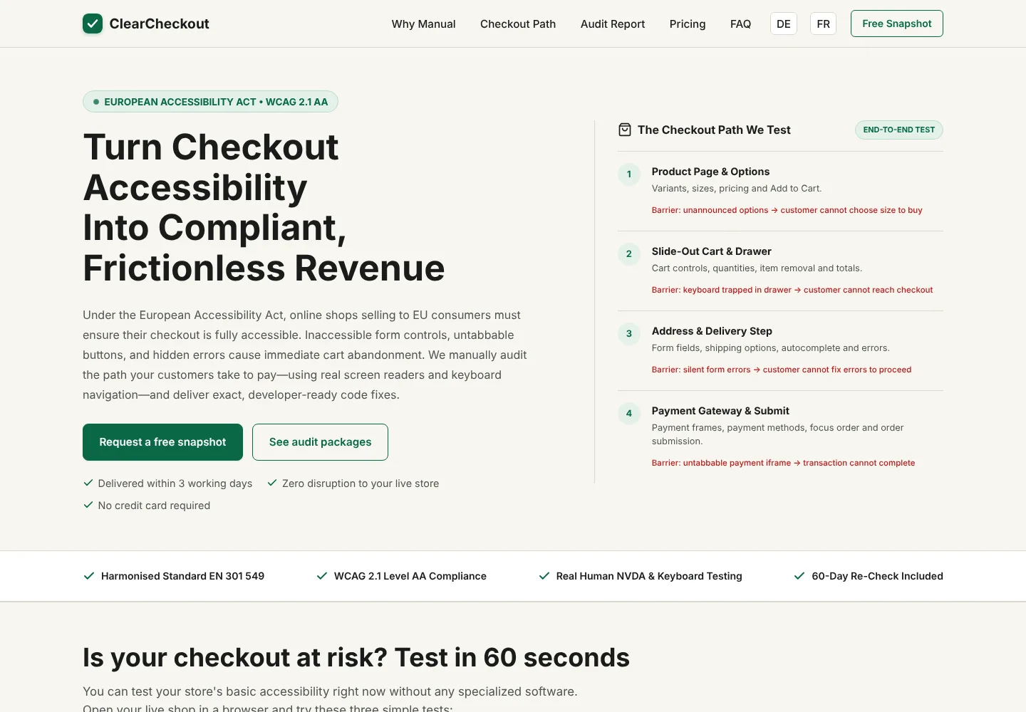 Website-ul ClearCheckout pentru audituri de accesibilitate a checkout-ului, cu traseul de cumpărare testat