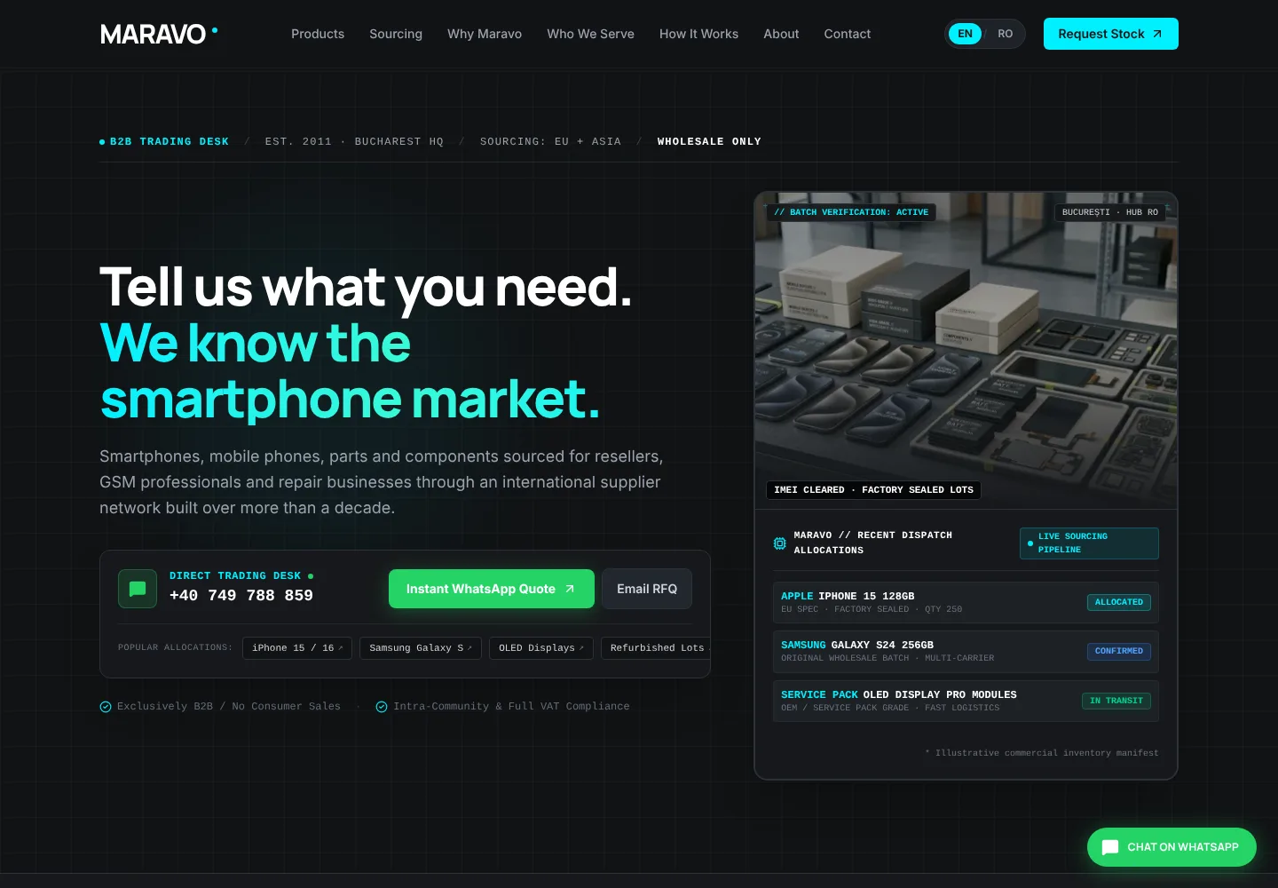 Website-ul B2B Maravo pentru distribuție en-gros de telefoane mobile, cu biroul de tranzacționare și manifestul de stoc