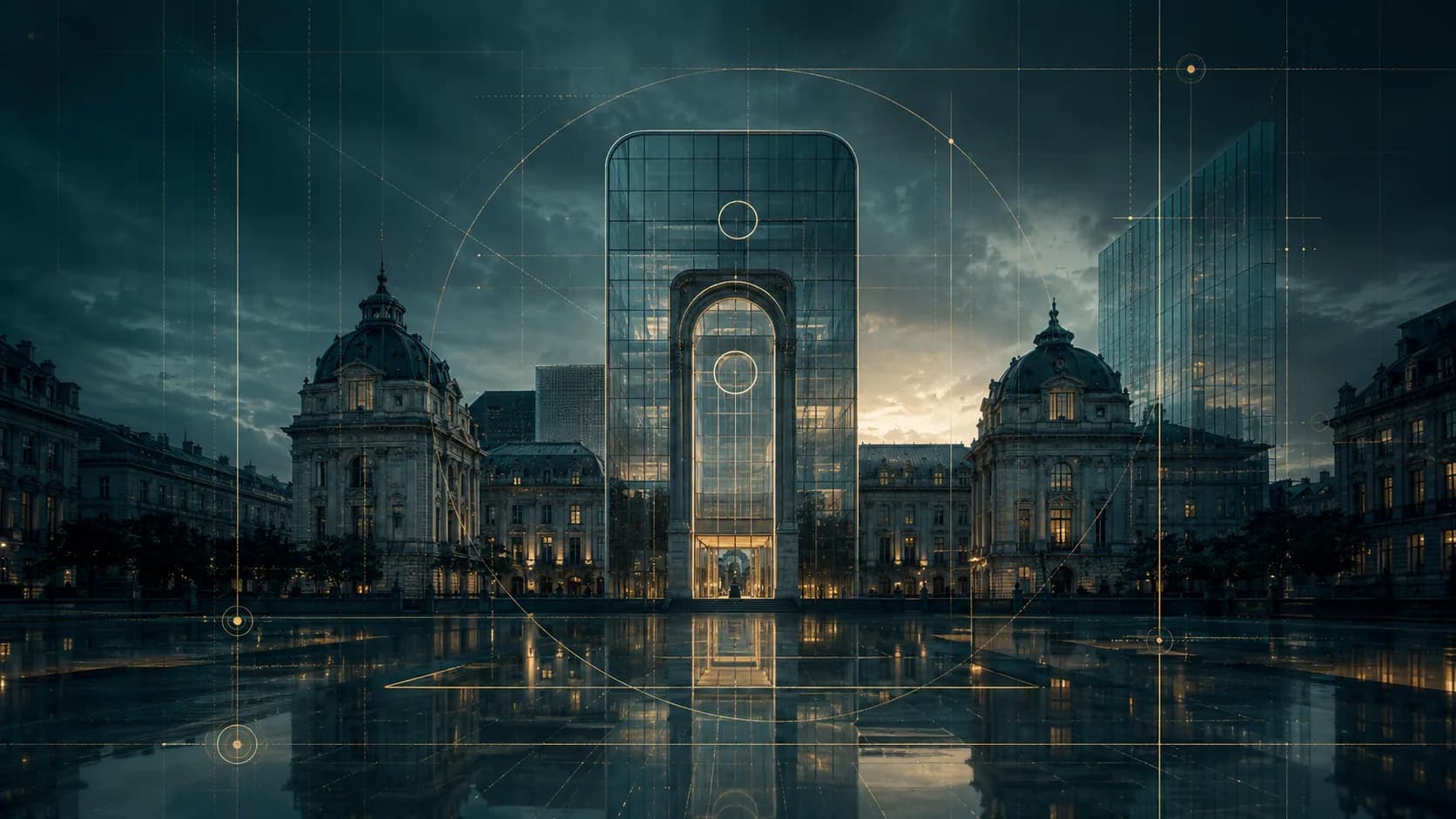 Turn de sticlă în formă de telefon, între clădiri clasice din București, în lumină de seară