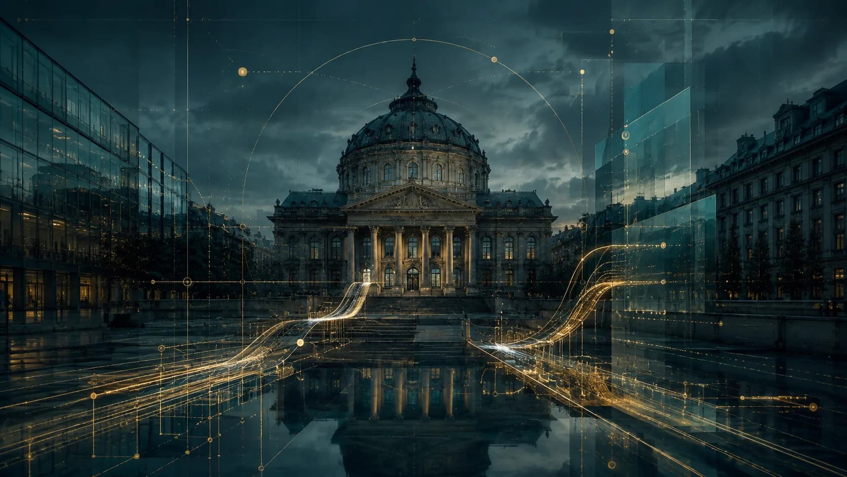 Piață din București traversată de fluxuri de lumină aurie, în fața unei clădiri neoclasice