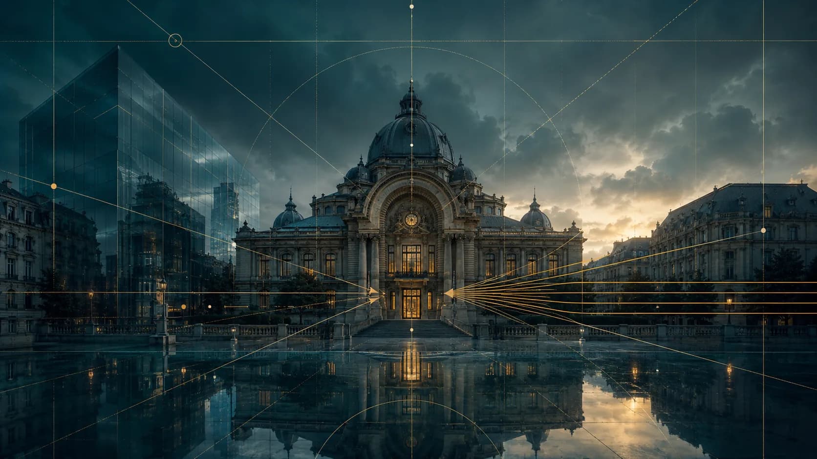 Palatul CEC din București, cu linii aurii care converg către intrarea centrală