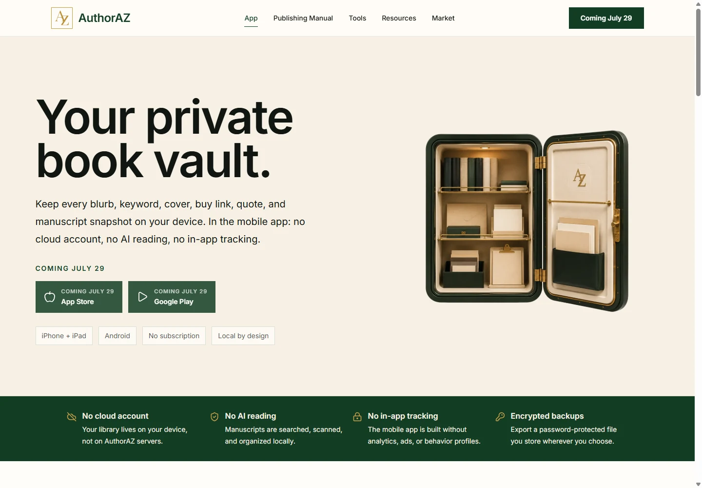 AuthorAZ private, local-first author platform shown across its digital experience